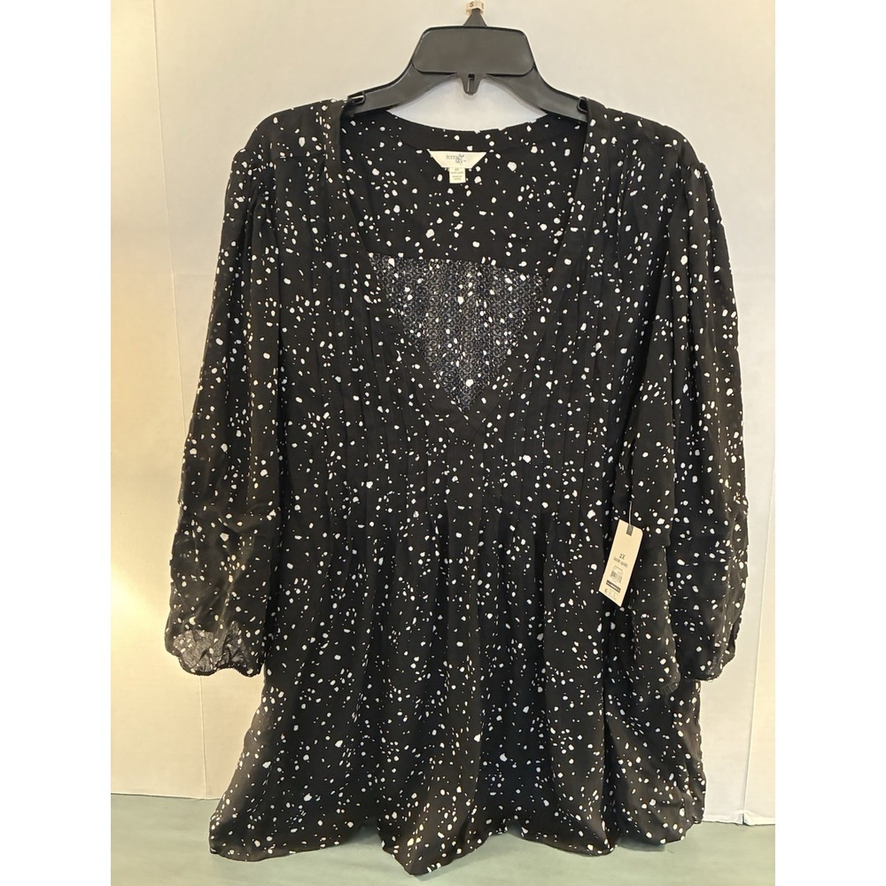Terra & Sky 2X Black White Speckled Peasant Boho Blouse Plus Size Cottagecore